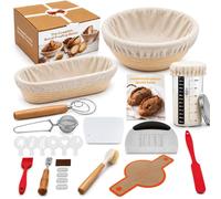Sourdough Starter Kit with 9" Banneton & 10" Oval Bread Proofing Basket, Glass Jar, Dough Whisk,Bread Lame, Scraper, Stencils, Flour Duster & Recipe Guide, Complete Baking Supplies for Beginners Home