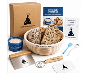 Sourdough Starter Kit with Banneton Basket - Complete Bread Making Set for All Levels - Includes Exclusive leavenator, 8 Tools, Recipe & Mindfulness Book & Free 1:1 Support from The Mindful Baker.