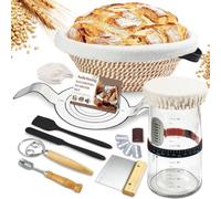 Sourdough Starter Set, 1200 ml Large Sourdough Glass, Round Proofing Basket 25 cm with Complete Set Bread Baking Accessories, Sourdough Accessories for Beginners - Ideal as a Gift for Hobby Bakers