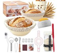 Sourdough Starter Set 16-Piece - Complete Bread Baking Set with 2 Silicone Proofing Baskets (23 cm Round & 25 cm Oval), Sourdough Glass with Thermometer, Accessories - Gift for Hobby Bakers, Beginners