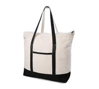 SOUS HOUSE Cotton Canvas Tote Bag with an External Pocket & Top-Zipper Closure For - Gym, Beach, DIY, Work, Travel, Shopping, Black/Natural, XL