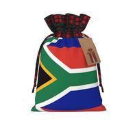 South Africa Flag Print Burlap xmas Gift Bag With Drawstring, Polyester Plaid Pouch For Gift Birthday Present-M Size