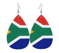South Africa flag Teardrop shaped leather earrings, set of 2, 925 silver plated ear hooks, non-rusting, with ear plugs, suitable for parties, Valentine's Day, White, 11969