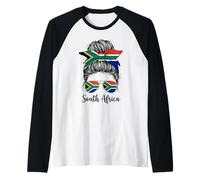 South Africa Girl Messy Bun Sunglasses Flag Raglan Baseball Tee