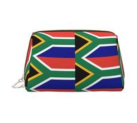 South African Flag Print Premium Leather Toiletry Travel Pouch with Waterproof Portable Pouch Open Flat Makeup Bag