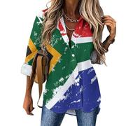 South African Flag Womens Button Down Shirts Casual Blouse Long Sleeve Tunics Top 2XL