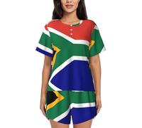 South African Flag Women'S Lounge Pajamas, Comfy Short Sleeve Sleepwear Sets With Button Down Top And Pocket, Black, L