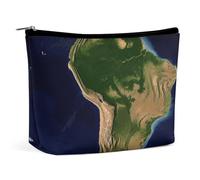 South America Satellite Image Makeup Bag, Portable PU Leather Cosmetic Bag with Zipper Pouch, Waterproof Travel Toiletry Bag for Women Men