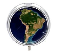 South America Satellite Image Pill Box Cute Round Small Pill Organizer Portable with 3 Compartments Travel Metal Pill Case for Pocket Or Purse Privacy Protecting Medicine Box