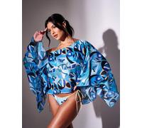 South Beach Printed Beach Cover Up Poncho Blue Mix