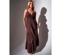 South Beach Pure Cotton Embroidered V-Neck Maxi Dress Brown