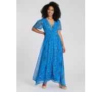 South Beach Women's Printed Metallic Chiffon Button Detail Midi Dress in Blue | Size: 14 South Beach Blue 14