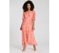 South Beach Women's Printed Short Sleeve Wrap Midi Dress in Coral | Size: 14 South Beach Coral 14
