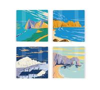 South Coast England Ceramic Coaster Set - Cornwall Dorset Jurassic Coast Landmarks/Landscapes Square Set of Four (4) Coasters Gift