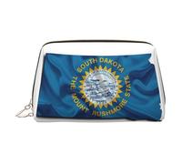 South Dakota Flag Map Print Premium Leather Toiletry Travel Pouch with Waterproof Portable Pouch Open Flat Makeup Bag