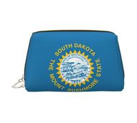 South Dakota Flag Print Premium Leather Toiletry Travel Pouch with Waterproof Portable Pouch Open Flat Makeup Bag