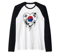 South Korea Flag Heart Drip Paint Splatter Raglan Baseball Tee