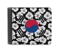 South Korea Korean Flag Hibiscus Flowers Leather Wallets for Men Bifold Fashion with ID Window
