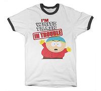 South Park Officially Licensed I'm White Trash in Trouble Ringer Mens T-Shirt (White-Black), M
