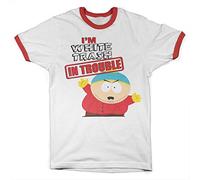 South Park Officially Licensed I'm White Trash in Trouble Ringer Mens T-Shirt (White-Red), S