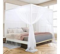South to East White Canopy Bed Curtains, 4 Corner Post Bed Canopy for Girls & Adults, Top Luxurious Bed Drapes for Bedroom Decoration, 4 Openings, 100% Ripstop Polyester, Easy Install, King/Queen Size