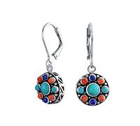 South Western Style Multi Stone Lapis Turquoise Orange Coral Medallion Dangle Earrings For Women Oxidized .925 Sterling Silver Lever Back