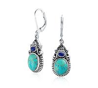 South Western Style Multi Stones Stabilized Turquoise Oval Lapis Lever back Dangle Earrings For Women .925 Sterling Silver