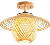Southeast Asia Semi Flush Mount Ceiling Lamp, E27 Handmade Wicker Lampshade, Wooden Art Chandelier Fixture, 1-Head Close To Ceiling Lighting,For Living Room,Bedroom,Kitchen