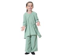 Southeast Asian Style Muslim Girls Abaya Dress Set with Loose Flowy Pants Comfortable Everyday Wear Outfit for Kids Tracksuit Clothes for Birthday Girl Green