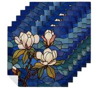 Southern Magnolia Tree Stained Glass Cloth Napkins Set of 6, Square Premium Reusable Washable Polyester Table Linen Napkin for Dinner Party