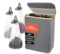SOUTHGATE 145L Laundry Basket with Lid 3 Compartments, Foldable Laundry Hamper with 3 Removable Laundry Bags, Washing Baskets for Bedroom, Bathroom, Living Room, Grey