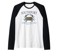 Southport North Carolina Crab Since 1792 Navy Blue Letters Raglan Baseball Tee