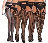 SOUTHRO 5 Pairs Women Lingerie Garter Belt Stocking Fishnet Thigh High Tights Suspender Pantyhose, 5pcs-a-black, One Size