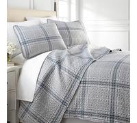 Southshore Fine Living, Inc. Oversized Microfiber Quilt Bedding Set, Twin XL Coverlet with Matching Quilted Pillow Sham, Plaid Bedspread, All Season Quilt, Lightweight Twin XL, Grey Plaid