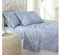 Southshore Fine Living, Inc. Winter Brush Collection, 4-Piece King Size Fitted Sheet and Pillow Cases, Flat Sheet, 14" Extra Deep Pocket Sheets, Floral Bedding Set, Blue Sheets King with White Flowers