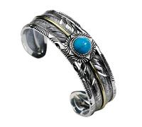 Southwest Navajo Style Oval Cabachon, Extended Turquoise Bangle Bracelets for Men, Feather Motif, 925 Sterling Silver