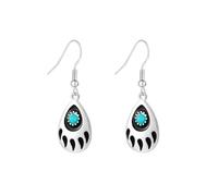 Southwestern Bear Paw Print Teardrop Dangle Earrings, Antique Silver Turquoise Animal Claw Drop Earrings for Women