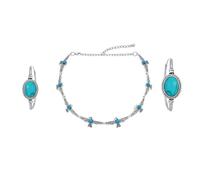 Southwestern Compressed Turquoise Eagle Choker Necklace &Oval Twisted Rope Hoop Earrings Jewelry Set for Women Teens Oxidized Silver Tone