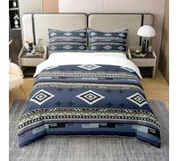 Southwestern Duvet Cover 100% Cotton Double Geometric Bedding Set for Kids Tribal Comforter Cover Set Native American Design Navy Blue Bedspread Cover Zipper