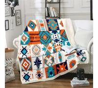 Southwestern Ethnic Throw Blanket for Couch Queen 90"X90" Western Boho Sherpa Throw Blanket Native Tribal Aztec Hippie Fleece Blanket Exotic Bohemian Fuzzy Blanket Teal Orange Geometric Diamond Print