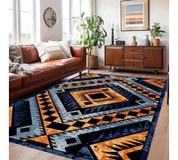 Southwestern Geometric Area Rug,180x230cm, Bohemian Rustic Farmhouse Abstract Art Blue Yellow Plaid Design Non-Slip Easy Clean Carpet, Thin Low Pile Washable Floor Mat for Living Room Doorway