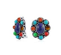 Southwestern Lapis Blue Turquoise Multicolor Cabochon Oval Large Gemstones Western Concho Clip On Earrings For Women Non Pierced Ears .925 Sterling Silver