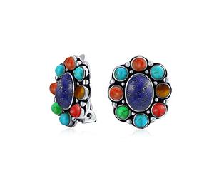 Southwestern Lapis Blue Turquoise Multicolor Cabochon Oval Large Gemstones Western Concho Clip On Earrings For Women Non Pierced Ears .925 Sterling Silver