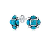Southwestern Native American Style Genuine Gemstone Stabilized Turquoise Concho Western Stud Earrings For Women .925 Sterling Silver