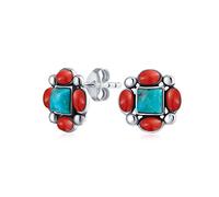 Southwestern Native American Style Genuine Gemstone Stabilized Turquoise Red Coral Concho Western Stud Earrings For Women .925 Sterling Silver