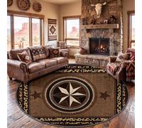 Southwestern Round Area Rug Living Room, Washable Non Slip Carpet 120 cm | Soft Low Pile Vintage Compass Ethnic Tribal Stars Circle Rug, Brown Black Stain Resistant Carpet for Bedroom Living Room