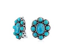 Southwestern Turquoise Cabochon Oval Large Gemstones Western Concho Clip On Earrings For Women Non Pierced Ears .925 Sterling Silver