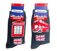 Souvenirs 2 Pairs Men's London Socks - UK Size 6-11 - Black Crew Socks Featuring Red Bus & Telephone Box Designs - Union Jack British Gift