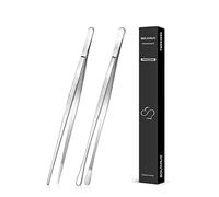 SouxMux 2 Pcs 25.5cm Cooking Tweezers Tongs Precision Serrated Tips, Stainless Steel Professional Chef Tweezer Kitchen Tools for BBQ, Plating and Serving (Silver)