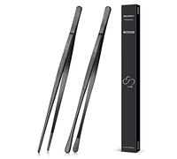 SouxMux 2 Pcs 30.5cm Cooking Tweezers Tongs Precision Serrated Tips, Stainless Steel Professional Chef Tweezer Kitchen Tools for BBQ, Plating and Serving (Black), 12-inch (001)